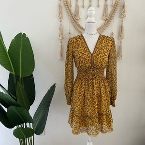 Max Studio Yellow mini Dress ruffle floral smocked long sleeve fall chiffon XS